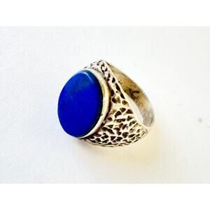Vintage Afghan Lapis Lazuli Cabochon Sterling 925 Silver Men's Ring US Size 9.5